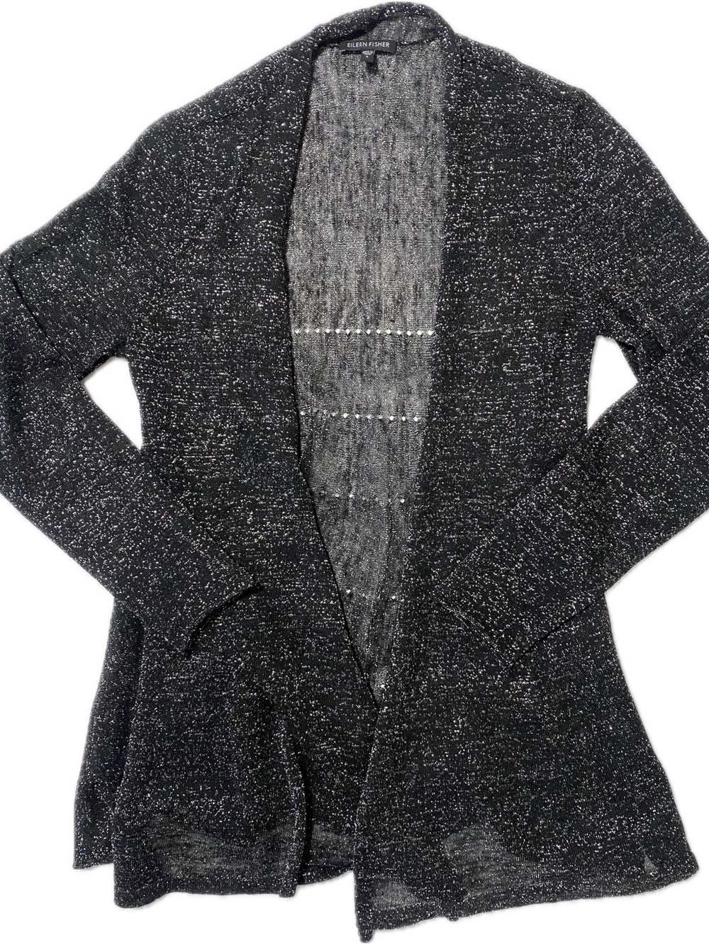 Eileen Fisher Black and White Speckled Open-Front Cardigan